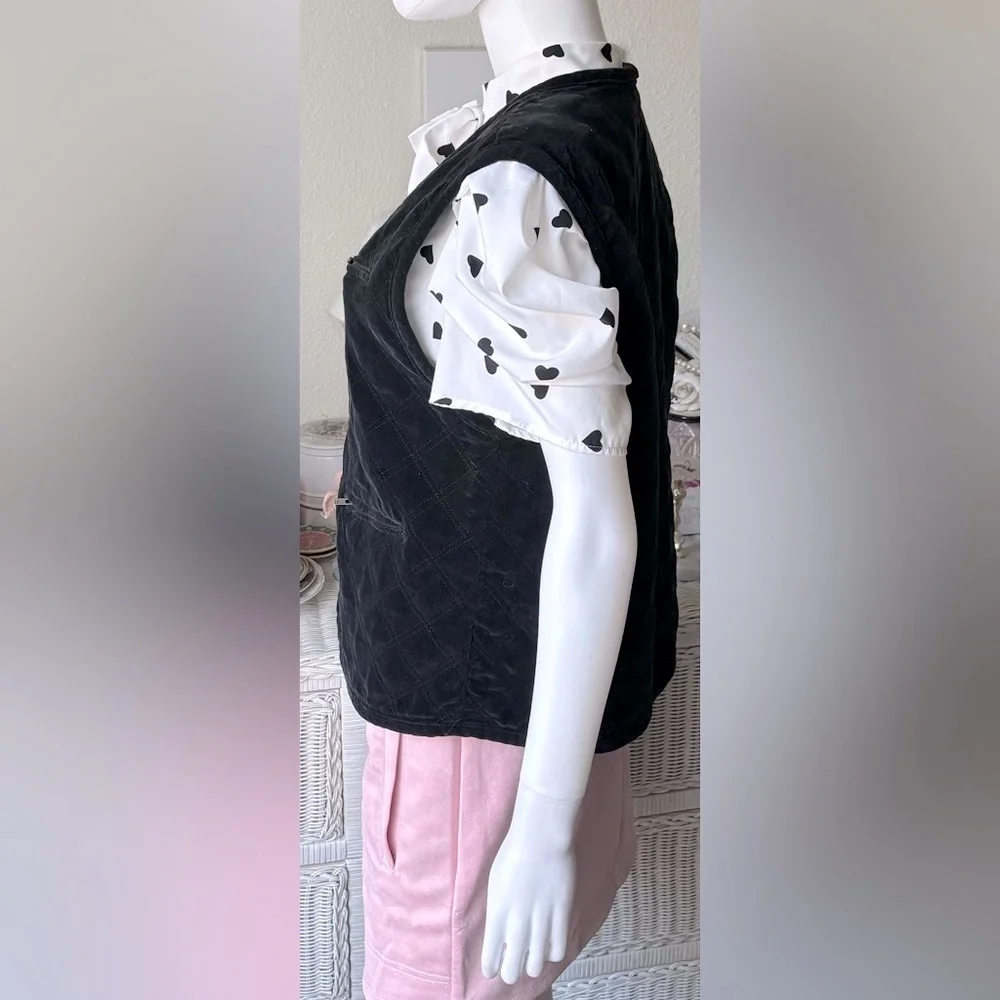 Vintage Gloria Vanderbilt Vest Diamond Quilted Velvet Cotton in Black Size L